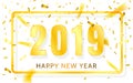 Happy New Year 2019. Golden numbers with ribbons and confetti on a white background. Vector illustration Royalty Free Stock Photo