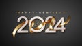Happy New Year 2024 with golden realistic ribbon on black background. Vector realistic holiday illustration for Royalty Free Stock Photo