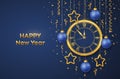 Happy New Year 2021. Golden shiny watch with Roman numeral and countdown midnight, eve for New Year. Background with shining gold