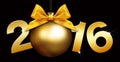 Happy new year 2016 golden text with ball on black background