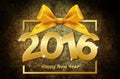 Happy new year 2016 golden text with box and ribbon