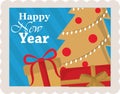 Happy new year 2021, golden tree with gift boxes, postage stamp icon Royalty Free Stock Photo