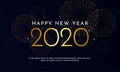 Happy New Year 2020 golden typography with light effect and gold fireworks explosion background vector illustration poster design Royalty Free Stock Photo