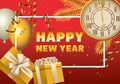 happy new year golden watch with gifts and balloons helium in square frame