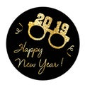 Happy new year graphic with gold glitter eyeglasses and confetti