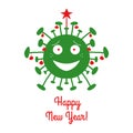Happy New Year. Green cartoon coronavirus bacteria with red christmas tree balls and star on the top. Isolated on a white Royalty Free Stock Photo