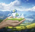 Happy new year 2024 green ecology and saving energy concept, Elements of this image furnished by NASA, Generative AI Royalty Free Stock Photo