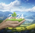 Happy new year 2024 green ecology and saving energy concept, Generative AI Royalty Free Stock Photo