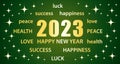 2023 Happy New Year. Green and gold greeting card with best wishes. Illustration vector banner.