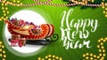 Happy New Year, green horizontal greeting card with beautiful lettering, garlands, Christmas tree branches and Santa Sleigh