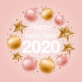 Happy New Year greeting background with shiny gold and rose gold balls, stars and confetti. Royalty Free Stock Photo