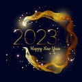 Happy New Year 2023. Greeting banner on night background with golden waves, shining stars and text. Luxury design for banner, Royalty Free Stock Photo