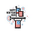 Happy New Year 2020 greeting card with American flag and bugle. Patriotic vector illustration in line art style Royalty Free Stock Photo