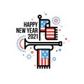 Happy New Year 2021 greeting card with American flag and cavalry bugle. Patriotic vector illustration in line art style