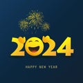 Happy New Year Greeting Card or Background, Creative Design Template with Yellow Smiling Emoji with Open Arms and Fireworks 2024