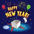 Happy new year greeting card with balloons, fireworks, gift box and confetti