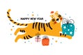 Happy New Year greeting card, banner or poster. Cute tiger in a Santa Claus hat holds a New Year gift in his paws Royalty Free Stock Photo