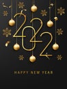 Happy New 2022 Year greeting card or banner template. Golden metallic numbers 2022 with shining snowflake and confetti Royalty Free Stock Photo