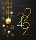 2022 Happy New Year greeting card or banner template. Golden metallic numbers 2022 with shining snowflake and confetti Royalty Free Stock Photo