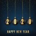 Happy New Year 2020. Greeting card with black Christmas balls and golden numbers 2020 on them. New Year and Christmas decoration Royalty Free Stock Photo