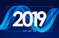 Happy New Year 2019. Greeting card with blue abstract twisted acrylic paint stroke shape. Trendy design Royalty Free Stock Photo