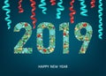 2019 Happy New Year greeting card on blue background. Royalty Free Stock Photo