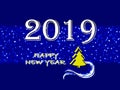 Happy New Year 2019, greeting card on blue background Royalty Free Stock Photo