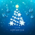 Happy New Year Greeting Card in Blue Colors. Christmas Tree Silhouette from Paper Snowflakes. Happy New Year and Merry Christmas.