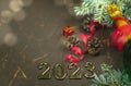 Happy new year 2023 greeting card on a brutal metal background with a branch of a Christmas tree, bright lights and a bottle of Royalty Free Stock Photo