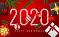 Happy New Year greeting card. Candy cane number 2020 with Christmas Tree Branches and xmas ball. Holiday Background. Vector Royalty Free Stock Photo