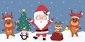 Happy new year greeting card. Cartoon santa claus, tiger cub in a bag with gifts, two deer, penguin, Christmas tree Royalty Free Stock Photo