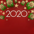 2020 Happy New year greeting card. Christmas background with gifts and silver stars with free space for text.