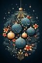 Happy New Year greeting card with Christmas balls. Christmas theme Illustration. For banners, posters, gift cads, advertising. AI