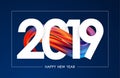 Happy New Year 2019. Greeting card with colorful abstract twisted acrylic paint stroke shape on blue background. Royalty Free Stock Photo