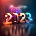 Happy New Year 2023. Greeting card with colorful fireworks and Sparkling burning Number 2023. Beautiful holiday. 3d rendering Royalty Free Stock Photo