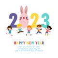 Happy new year 2023 greeting card Colorful Merry Christmas kids background, happy children with party HNY, year of the rabbit