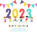 Happy new year 2023 greeting card Colorful Merry Christmas kids background, happy children with party HNY, year of the rabbit