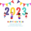 Happy new year 2023 greeting card Colorful Merry Christmas kids background, happy children with party HNY, year of the rabbit