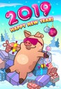 Happy new year greeting card with cool pig in pink glasses Royalty Free Stock Photo