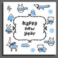 Happy new year greeting card with cute cartoon animals Royalty Free Stock Photo