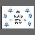 Happy new year greeting card with cute cartoon spruce