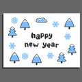 Happy new year greeting card with cute cartoon spruce