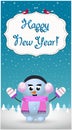 Happy new year greeting card of cute cheerful snowgirl in ear muffs Royalty Free Stock Photo