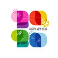 Happy New Year 2020 greeting card. Cute colorful numbers with abstract vintage decoration isolated on white background Royalty Free Stock Photo