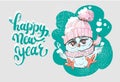 Happy New Year Greeting card with cute little owl in winter scarf and hat. Vector illustration. Royalty Free Stock Photo