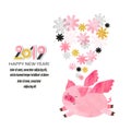 Happy New Year 2019 greeting card. Cute watercolor flying pig.