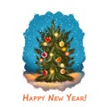 Happy New Year greeting card with decorated Xmas tree on snowy background. Digital art illustration with hand drawn spruce with Royalty Free Stock Photo