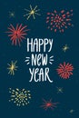 Happy new year greeting card design, fireworks in the night sky. Vector illustration of celebration, sparklers and stars