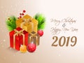 Happy New Year 2019 greeting card design with gift boxes and baubles illustration on glossy background for Merry Christmas Royalty Free Stock Photo