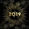 Happy New Year 2019 gold firework greeting card